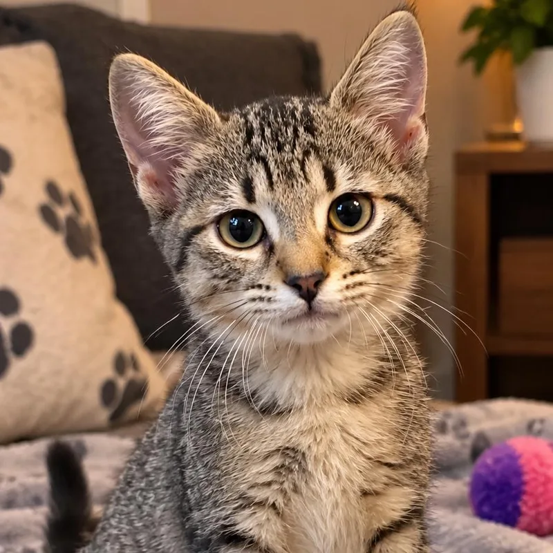 A baby small-sized female Gray / Blue / Silver American Shorthair cat named Riley for adoption in Eufaula, AL