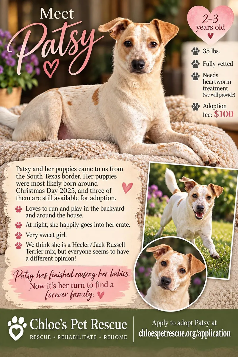 An adult medium-sized female Australian Cattle Dog / Blue Heeler dog named Patsy for adoption in Irving, TX
