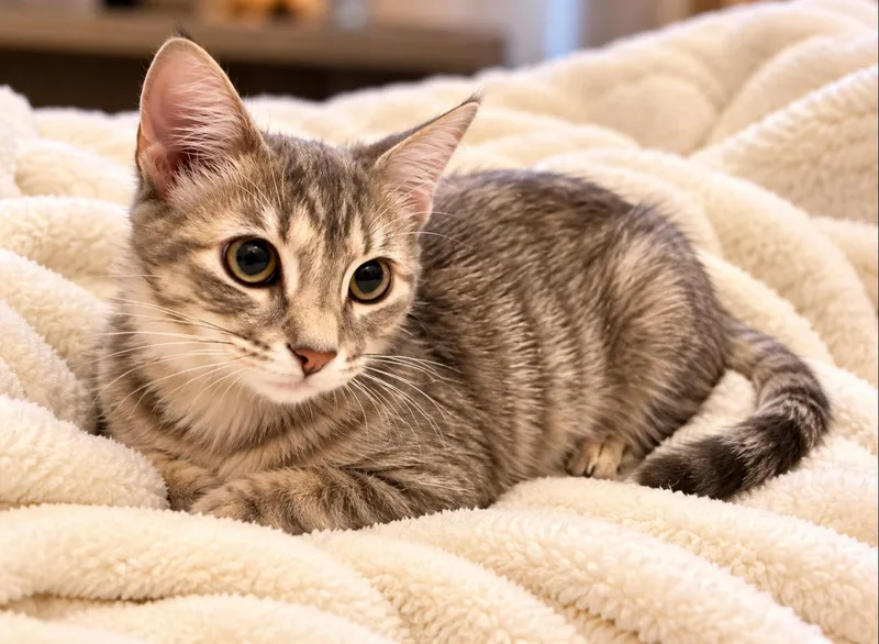 A baby medium-sized female Tabby (Gray / Blue / Silver) Tabby cat named Pixie Mae for adoption in Bentonville, AR