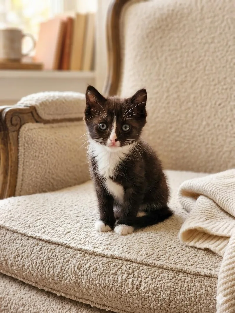 A baby small-sized female Black & White / Tuxedo Domestic Short Hair cat named Genesis for adoption in Orange, CA