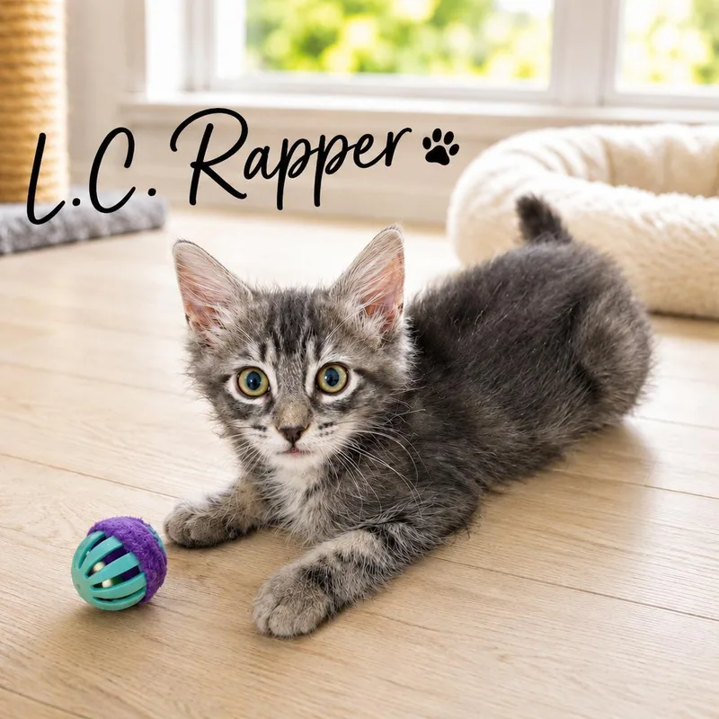 A baby small-sized male Gray & White Domestic Medium Hair cat named L.C. Rapper for adoption in Queen Creek, AZ