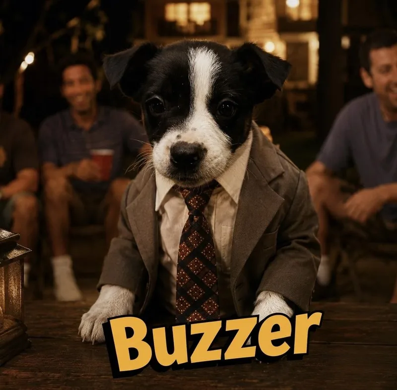 A baby medium-sized male Tricolor (Brown, Black, & White) Terrier dog named Buzzer for adoption in Irwin, PA