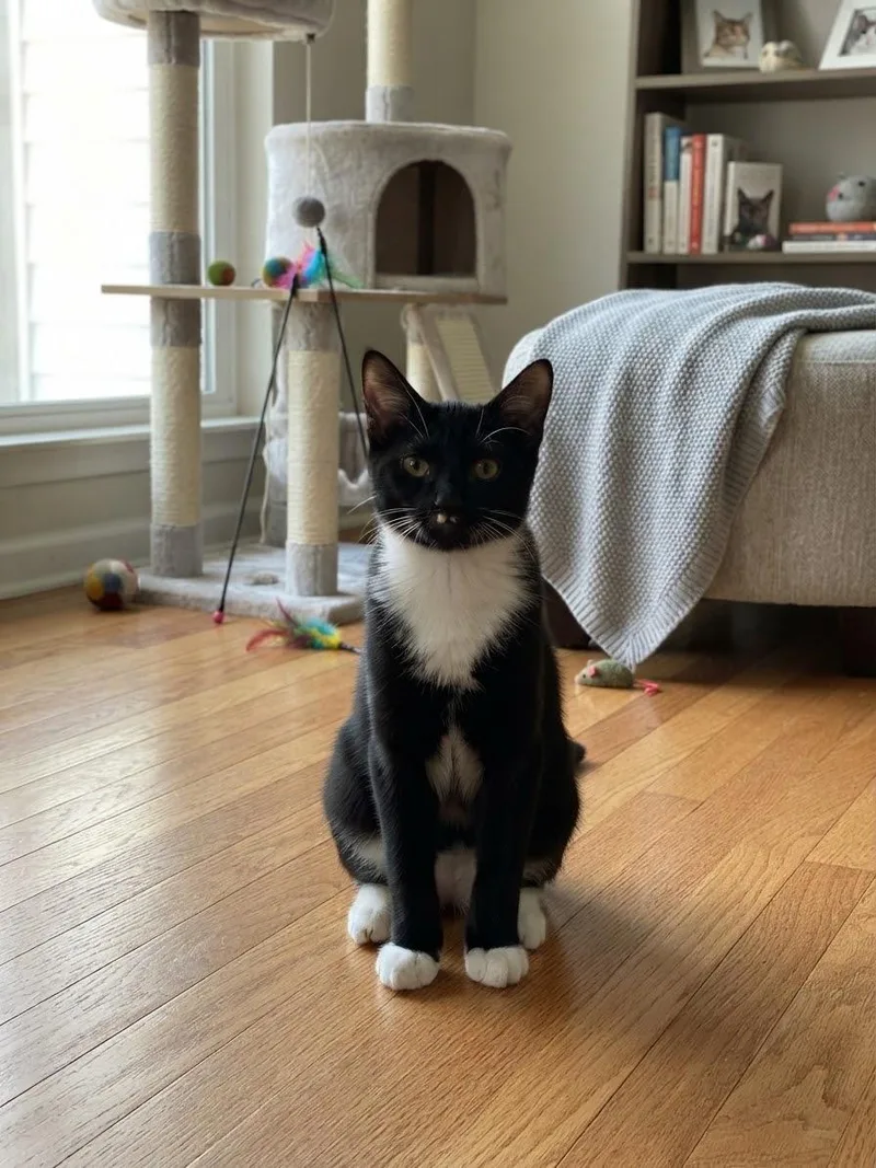 A baby medium-sized male Tuxedo cat named Lyric for adoption in Fort Myers, FL