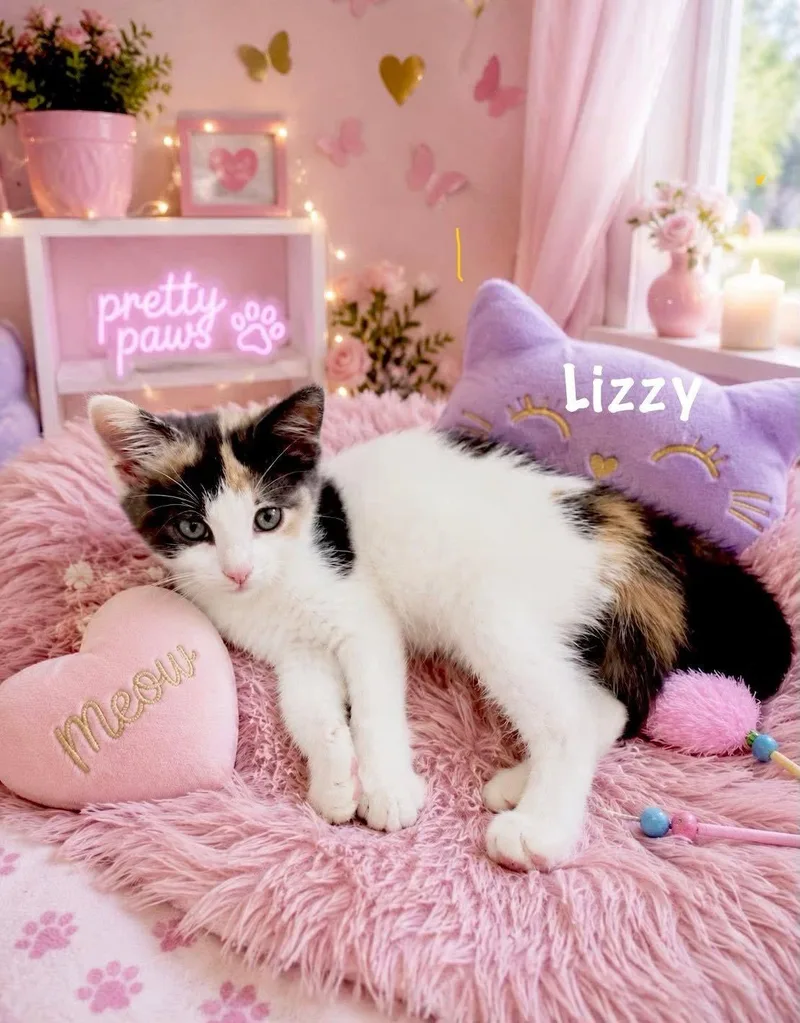 A baby small-sized female Calico cat named Lizzy for adoption in Dickinson, TX