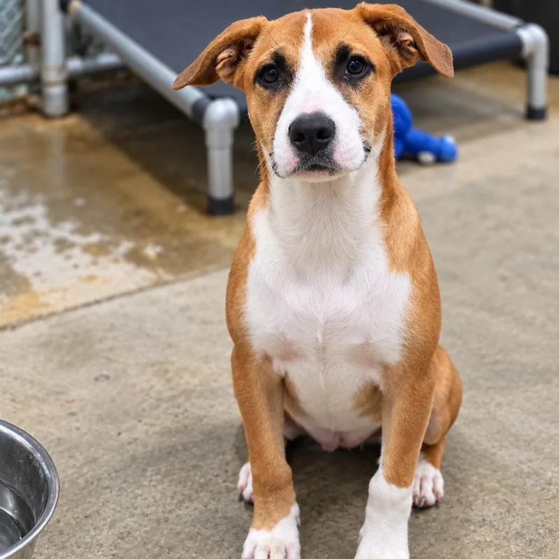 A baby medium-sized male Yellow / Tan / Blond / Fawn Mixed Breed dog named Nissan for adoption in Jefferson city, TN