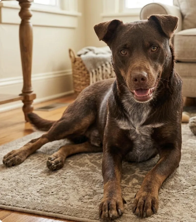 A young medium-sized male Chocolate Labrador Retriever dog named Choco for adoption