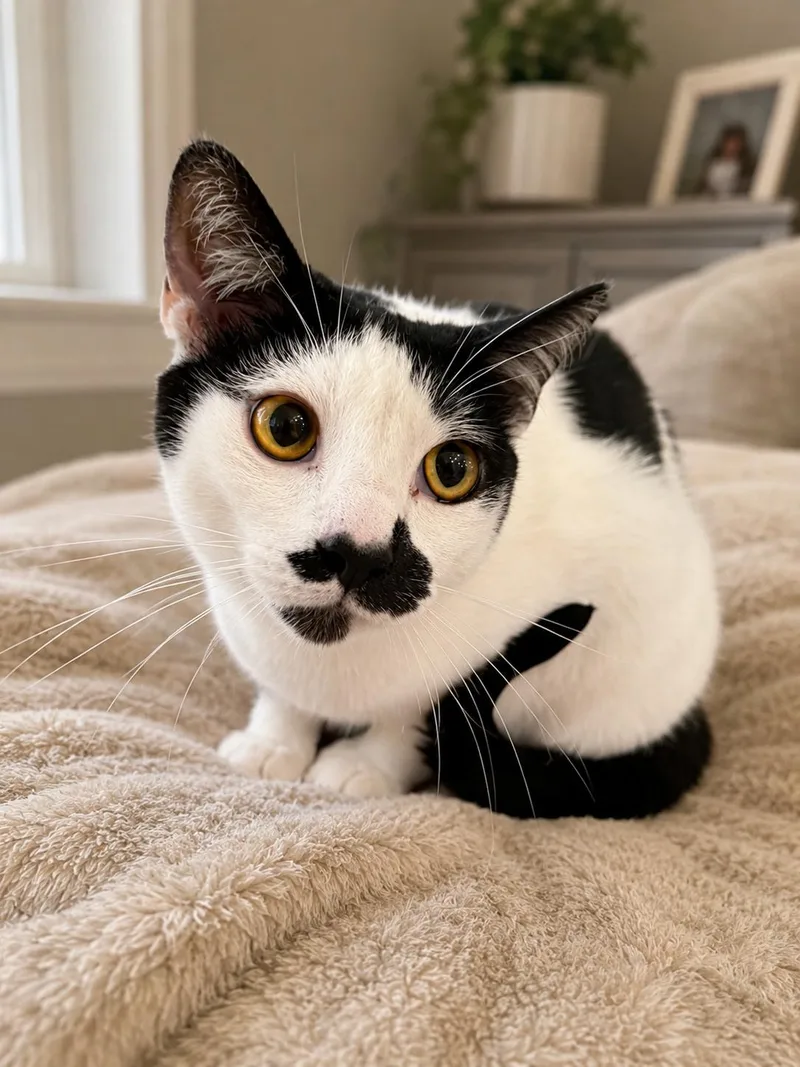 An adult medium-sized male Black & White / Tuxedo Domestic Short Hair cat named Jelly Bean for adoption in Greensboro, NC