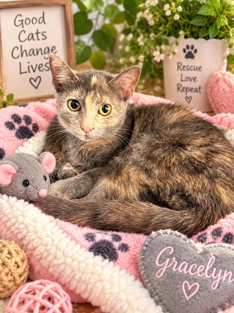 A baby small-sized female Dilute Tortoiseshell cat named Gracelyn for adoption in Tavares, FL