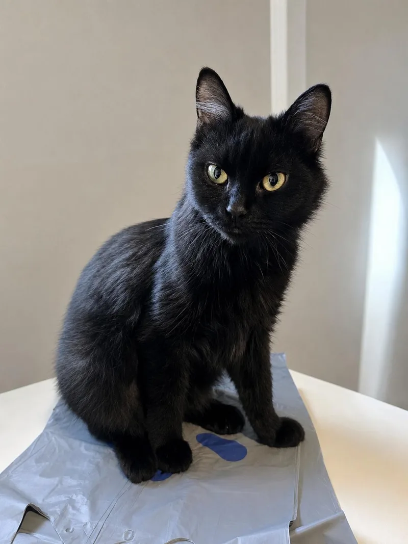 A baby medium-sized female Black Domestic Short Hair cat named Missy Merica for adoption in Indianapolis, IN