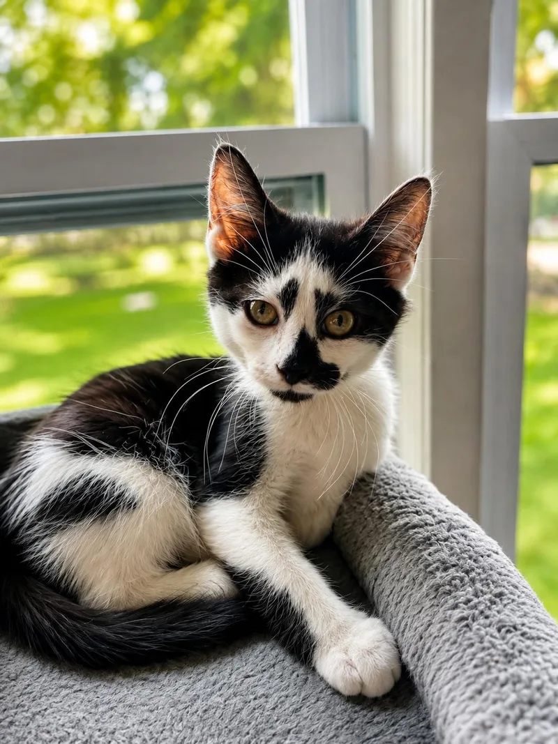 A baby medium-sized male Black & White / Tuxedo Domestic Short Hair cat named Tux for adoption in Victor, NY