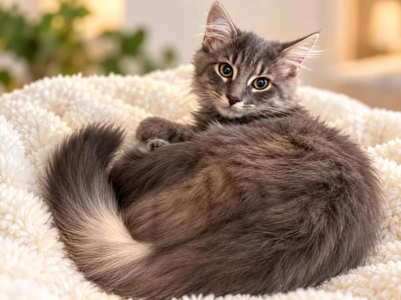 A baby medium-sized female Tabby (Gray / Blue / Silver) Maine Coon cat named Maisy for adoption in Churchville, PA