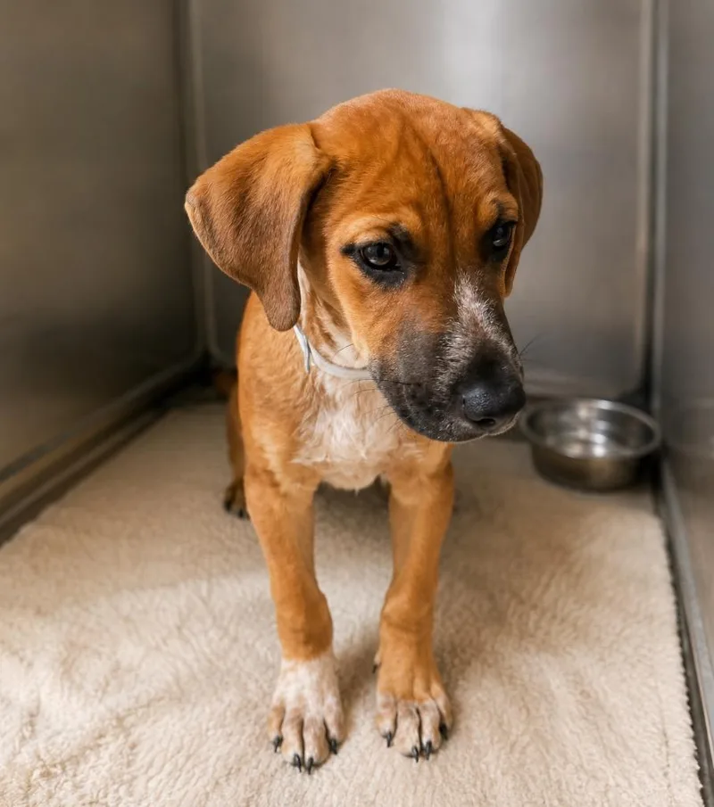 A baby medium-sized male Hound dog named Rusty for adoption in North Syracuse, NY