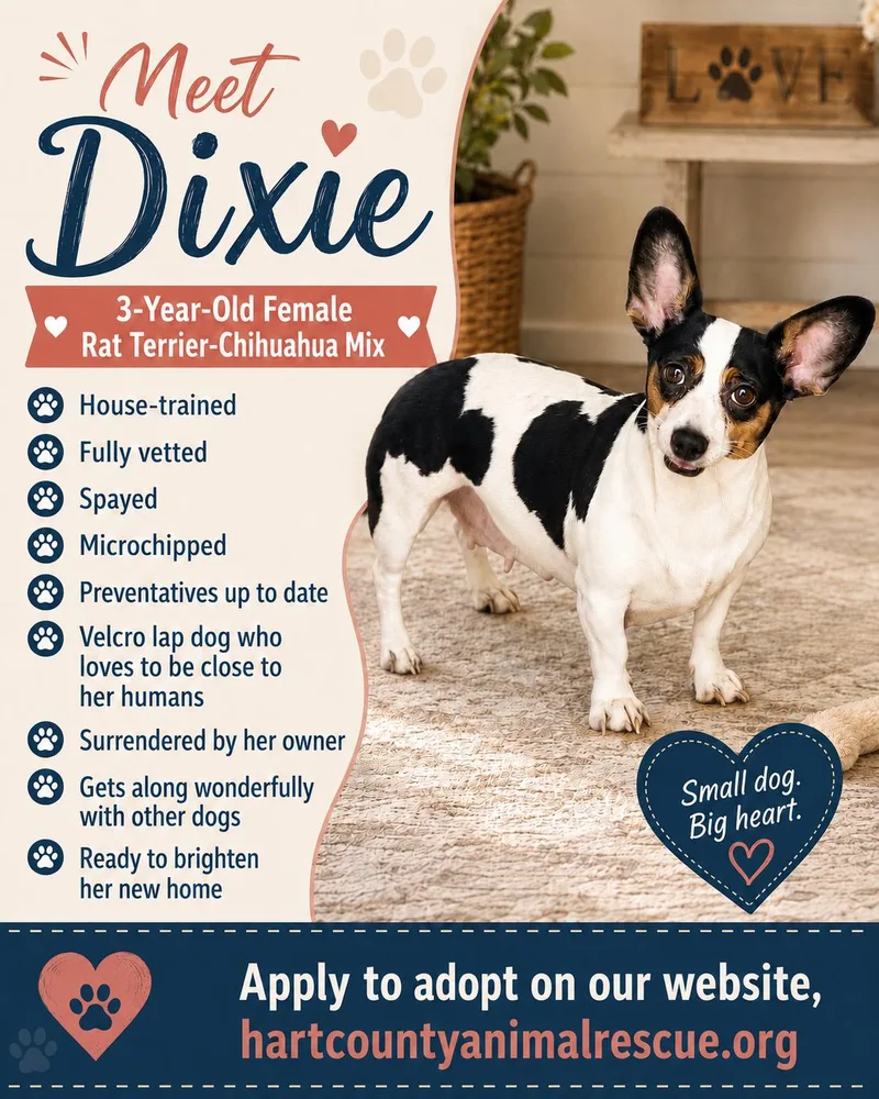 An adult small-sized female Tricolor (Brown, Black, & White) Rat Terrier dog named Dixie for adoption in Hartwell, GA