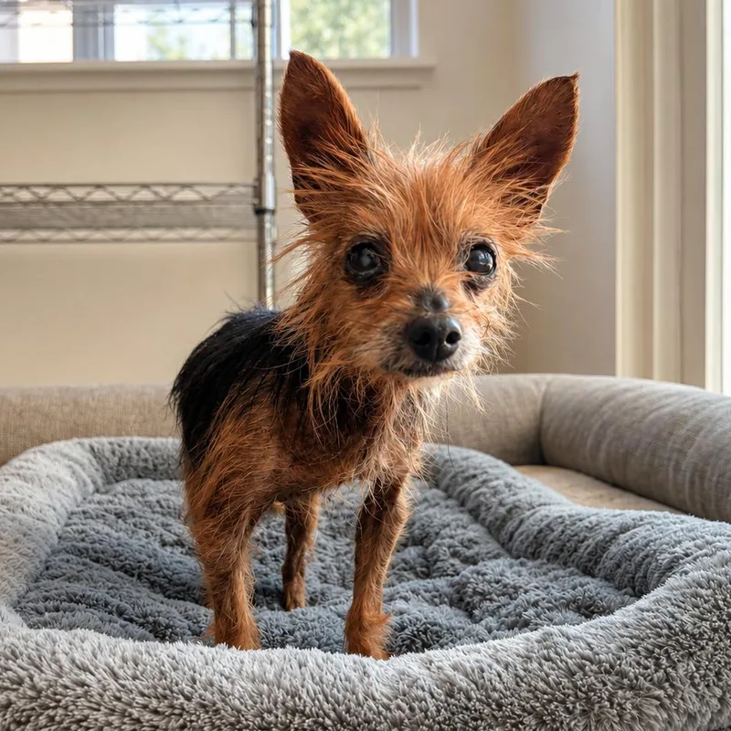 A senior small-sized female Brown / Chocolate Yorkshire Terrier dog named Pinkie Pie for adoption in Sonoma, CA