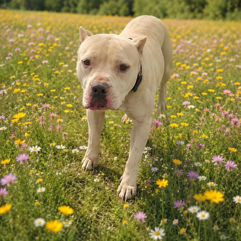 An adult medium-sized female White / Cream Pit Bull Terrier dog named Keema for adoption in East Saint Louis, IL