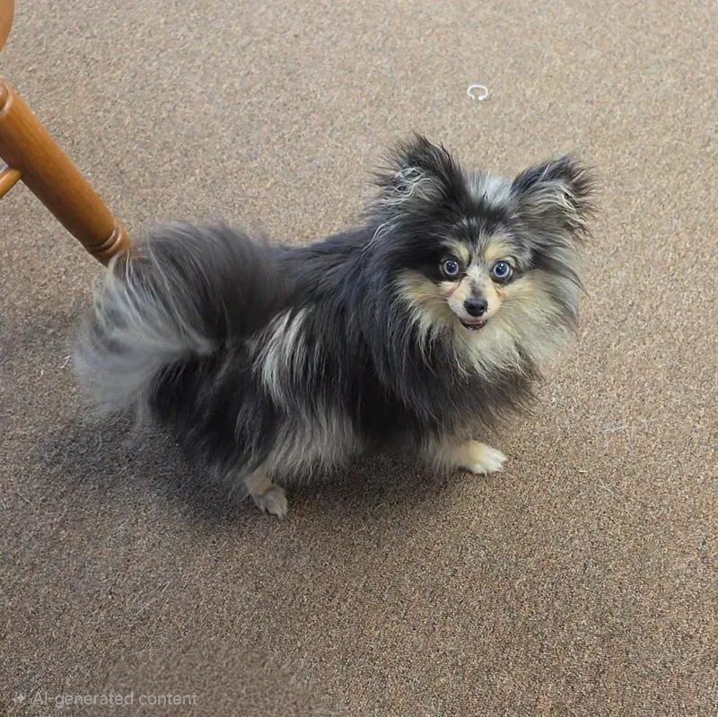 A baby small-sized female Merle (Blue) Pomeranian dog named Esmerelda for adoption in LaGrange, IN