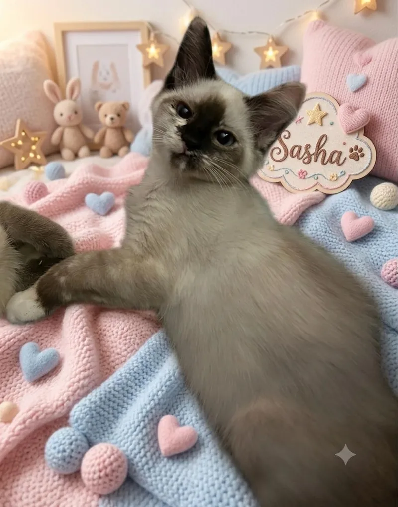 A baby medium-sized female Flame Point Siamese cat named SashaQ for adoption in North Highlands, CA