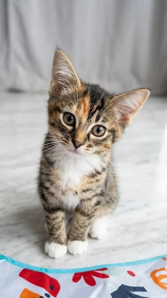A baby medium-sized female Calico cat named Sasha for adoption in Miami, OK