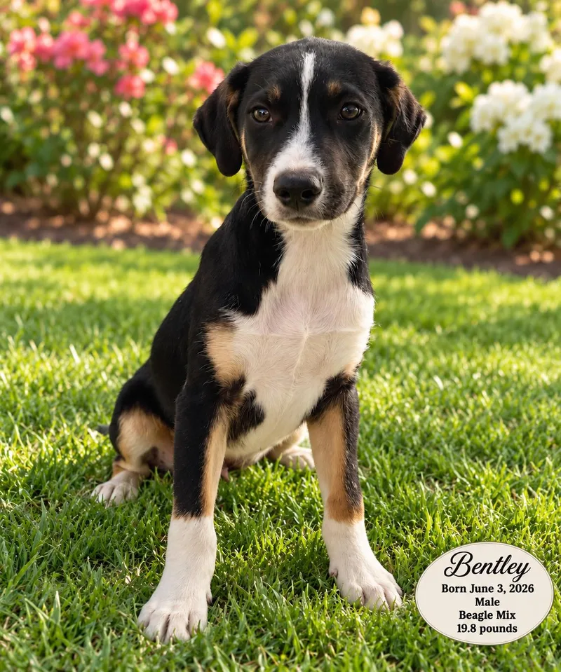 A baby medium-sized male Tricolor (Brown, Black, & White) Beagle dog named BENTLEY MONTH for adoption in Mesa, AZ