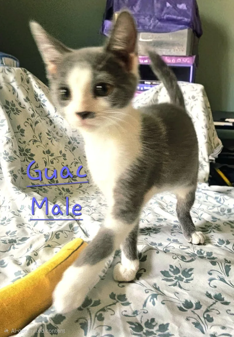 A baby medium-sized male Gray & White Domestic Short Hair cat named Guac for adoption in Morehead, KY