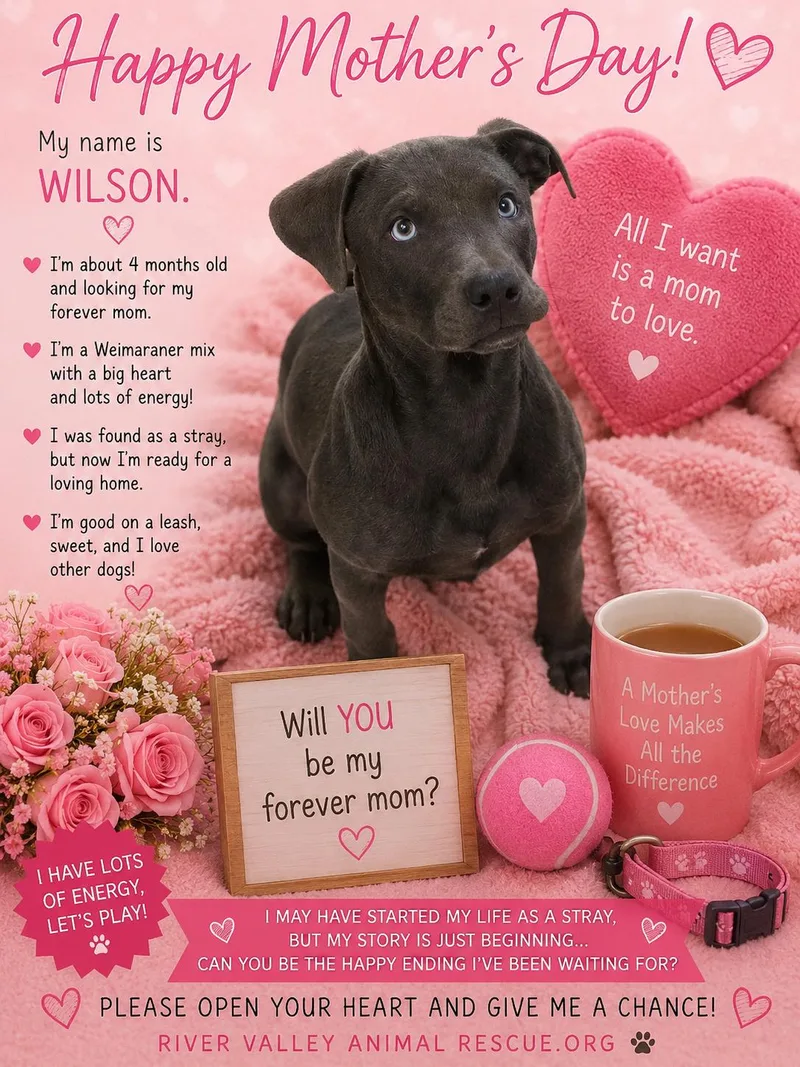 A baby large-sized male Gray / Blue / Silver Weimaraner dog named Wilson for adoption in Momence, IL
