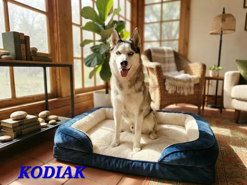 An adult medium-sized male Tricolor (Brown, Black, & White) Siberian Husky dog named Kodiak for adoption in Gregory, TX