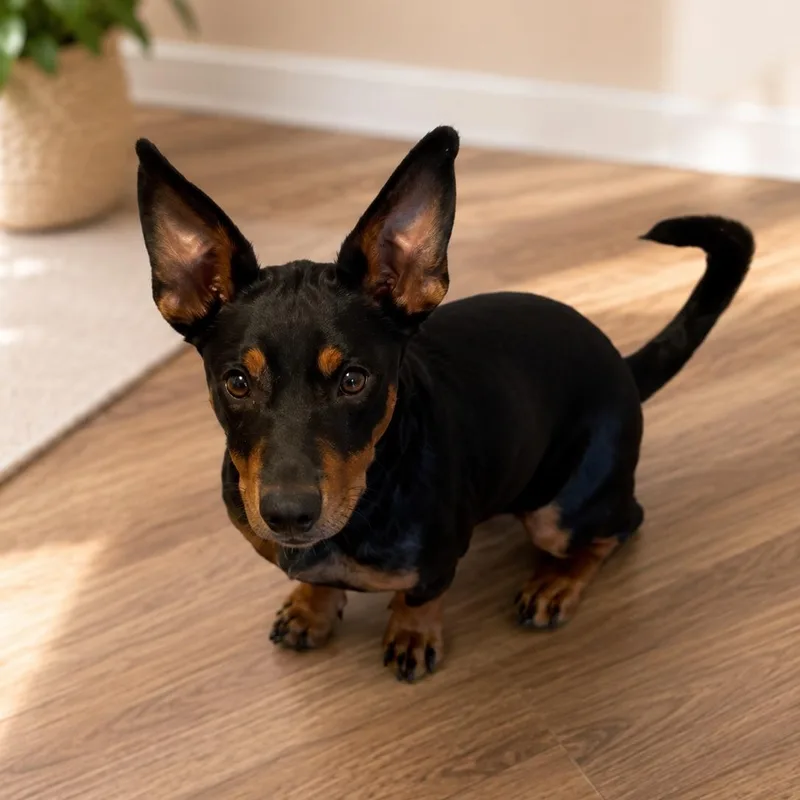 A young medium-sized female Black Miniature Pinscher dog named Jill for adoption in Humble, TX