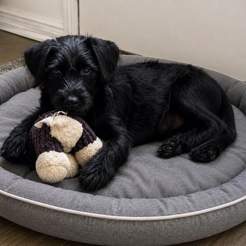 A baby medium-sized male Black Labradoodle dog named Finn for adoption in Georgetown, TX