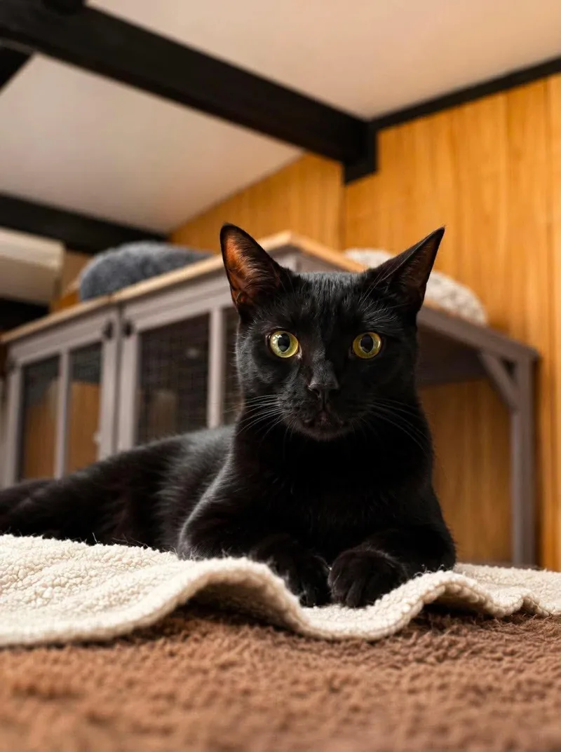 A baby medium-sized male Black Domestic Short Hair cat named Calvin for adoption in Cleveland, TX