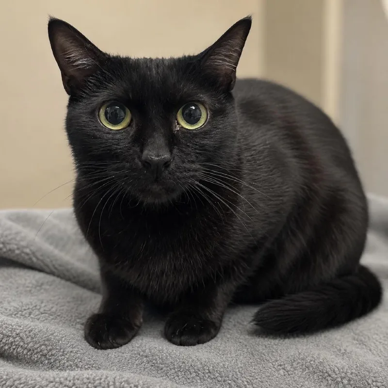 An adult medium-sized female Black Domestic Short Hair cat named Aries for adoption in Austin, TX