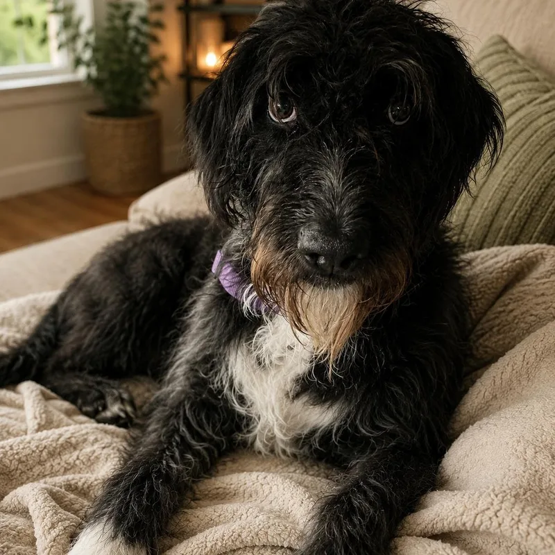 A young medium-sized male Black Wheaten Terrier dog named Alfred for adoption in Brentwood, TN