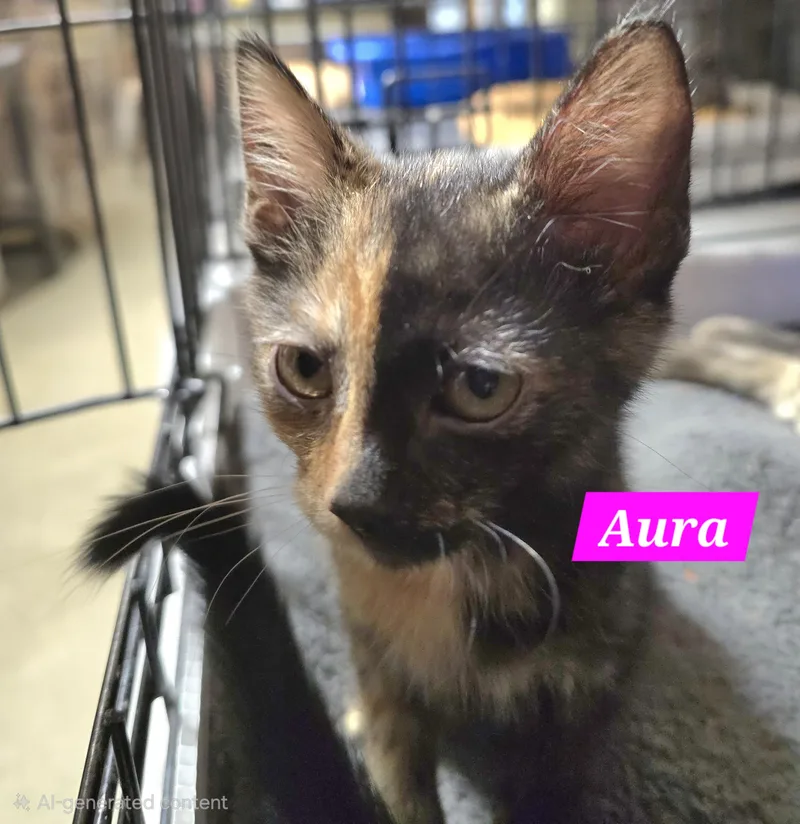 A baby small-sized female Tortoiseshell cat named Aura for adoption in Buena Vista, VA