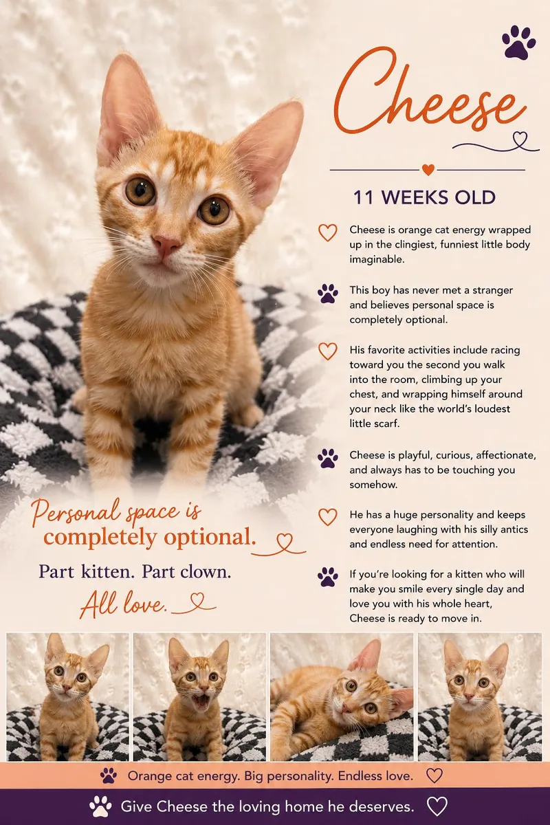 A baby medium-sized male Orange & White Tabby cat named Cheese Casey for adoption in Phoenix, AZ