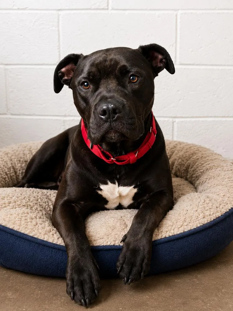 An adult medium-sized male Black Pit Bull Terrier dog named Aeris for adoption in Evansville, IN