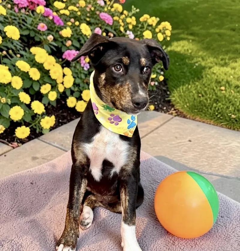 A baby small-sized female Tricolor (Brown, Black, & White) Australian Cattle Dog / Blue Heeler dog named Dizzy PUPPY for adoption in Perry, IA