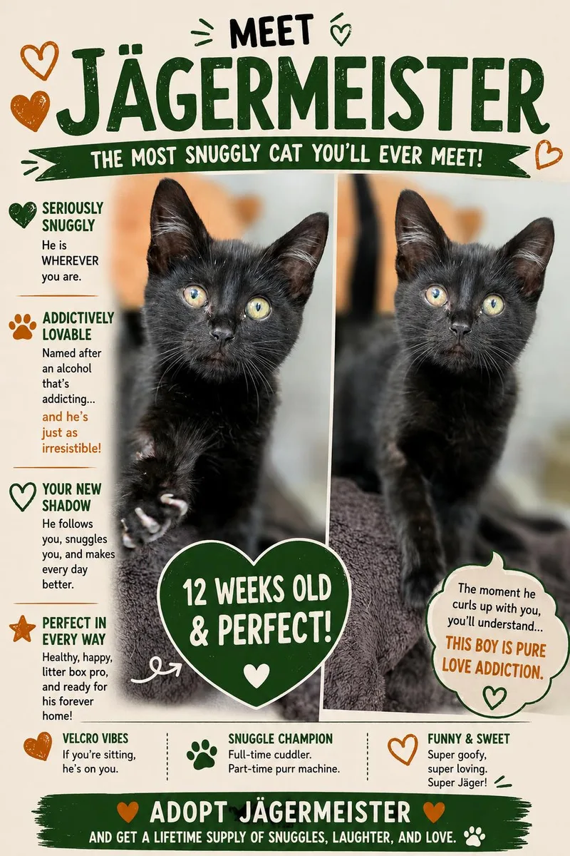A baby medium-sized male Black Domestic Short Hair cat named Jagermeister "Jager" for adoption in Beaverton, OR