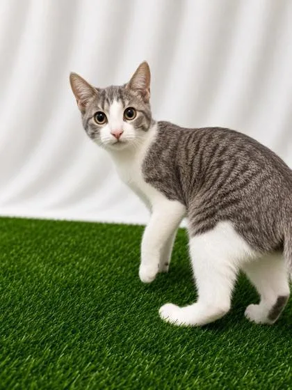 A baby small-sized female Gray / Blue / Silver Domestic Short Hair cat named Shakespearean for adoption in Covington, LA