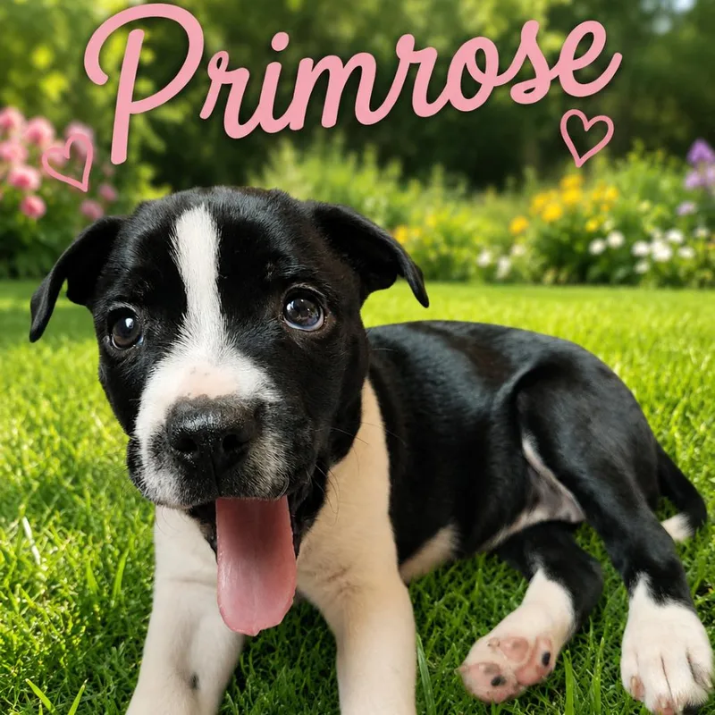 A baby small-sized female White / Cream Boston Terrier dog named Primrose for adoption in Hohenwald, TN