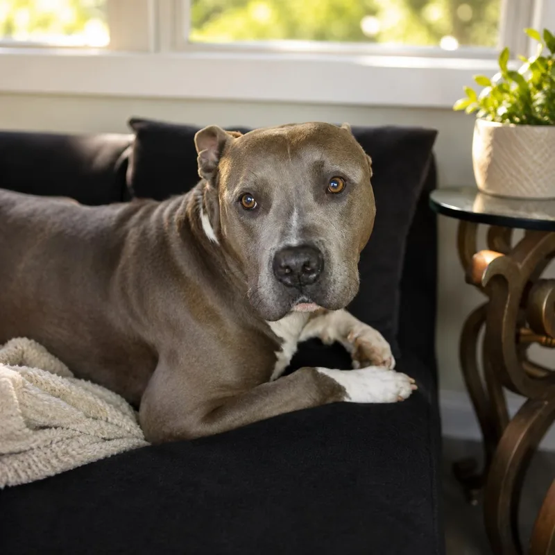 A young large-sized male Gray / Blue / Silver American Staffordshire Terrier dog named General for adoption in Houston, TX