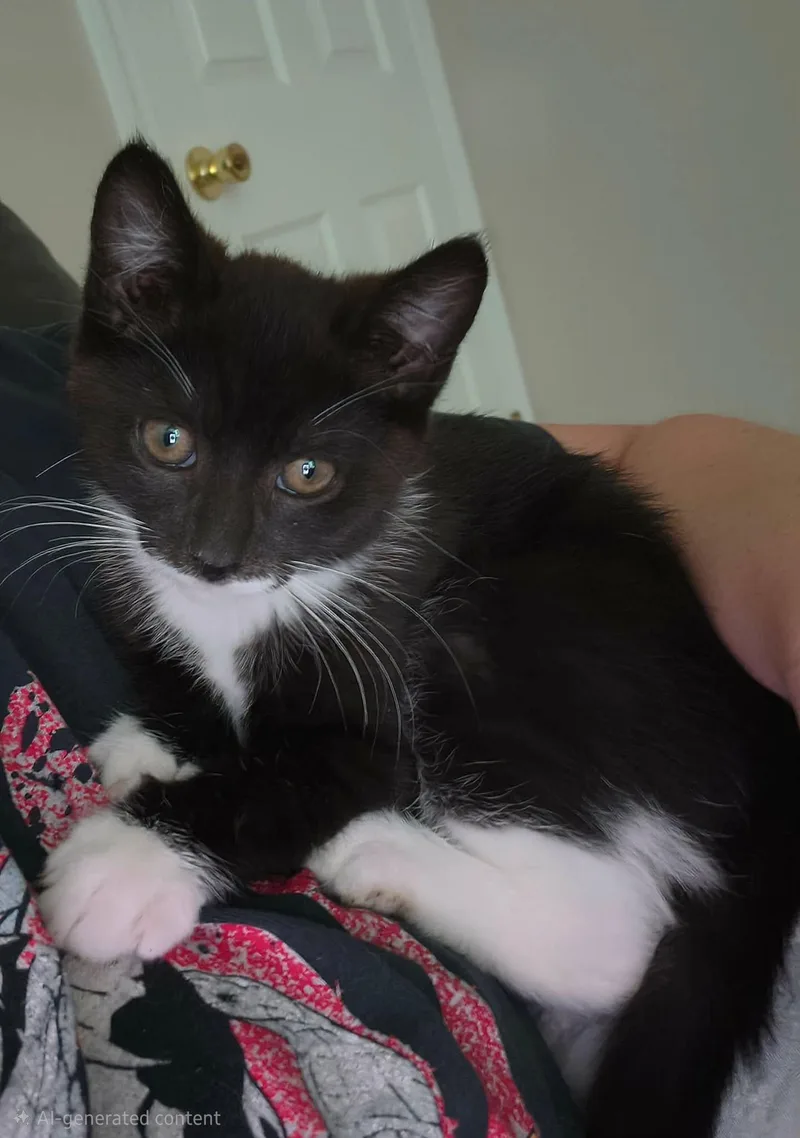 A baby medium-sized male Black & White / Tuxedo Domestic Short Hair cat named Bugatti for adoption in Hanover, PA