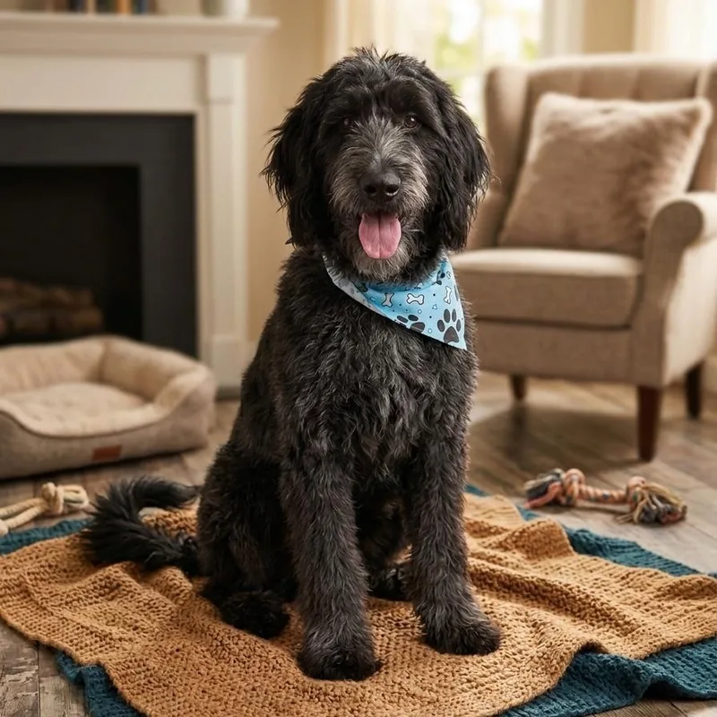 A young large-sized male Black Labradoodle dog named Beau for adoption in Tishomingo, OK