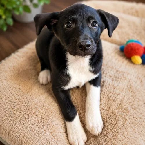 A baby medium-sized female Black Border Collie dog named Black Eyed Susan for adoption in Sanford, NC