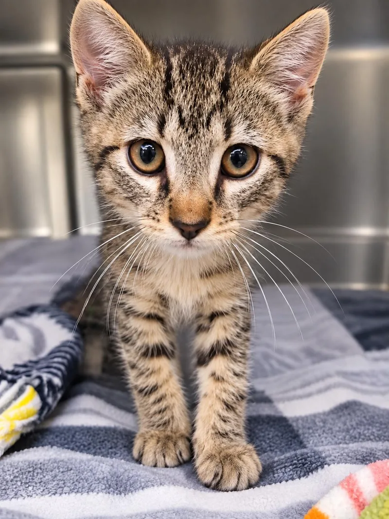 A baby medium-sized female Domestic Short Hair cat named Frick for adoption in Winfield, KS