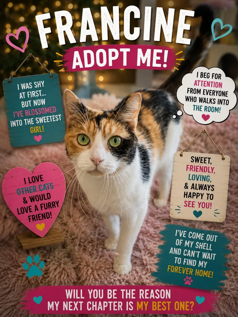 An adult medium-sized female Calico cat named Francinec for adoption in Greenville, DE