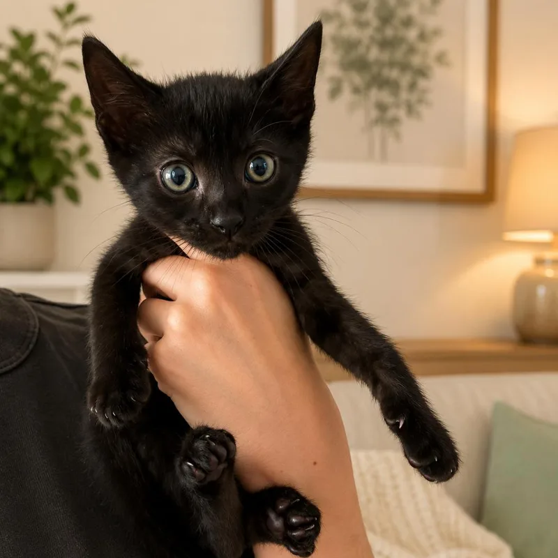 A baby small-sized male Black Domestic Short Hair cat named Cleo for adoption in Tustin, CA