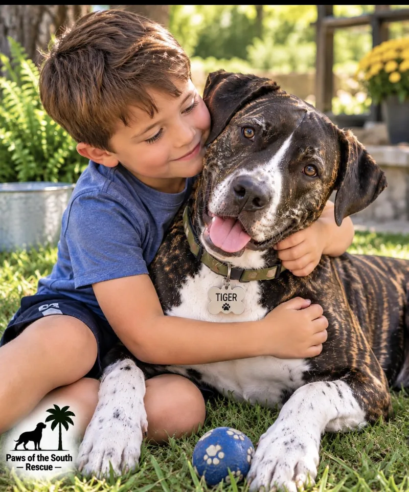 An adult large-sized male Brindle American Staffordshire Terrier dog named Tiger for adoption in CUMMING, GA