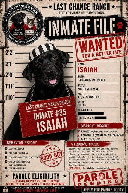 A young medium-sized male Black Labrador Retriever dog named Isaiah for adoption in Aiken, SC