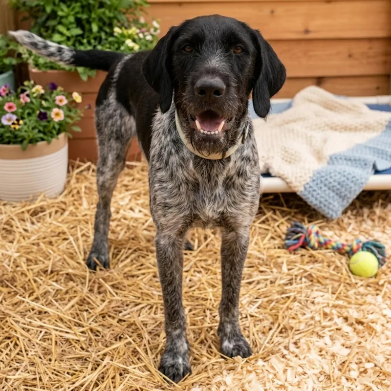 A young large-sized male Black German Wirehaired Pointer dog named Willy for adoption in Tishomingo, OK