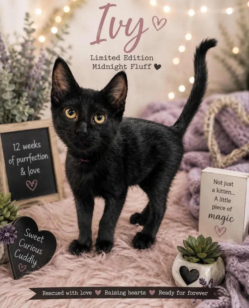 A baby small-sized female Black Domestic Short Hair cat named Ivy for adoption in Ephrata, WA