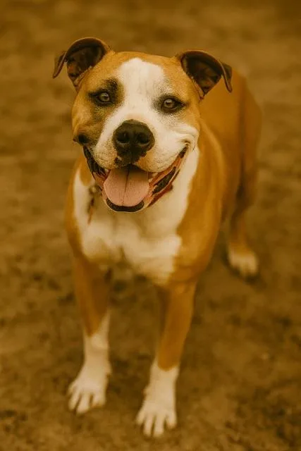 A senior large-sized male Golden Pit Bull Terrier dog named Dwight in Colorado for adoption in Cumberland, ME